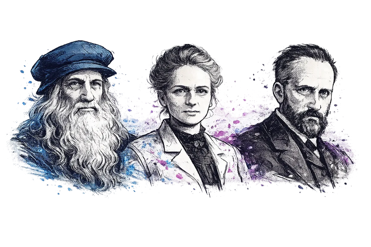 Ilustración de los tres genios: Da Vinci, Curie y Cajal